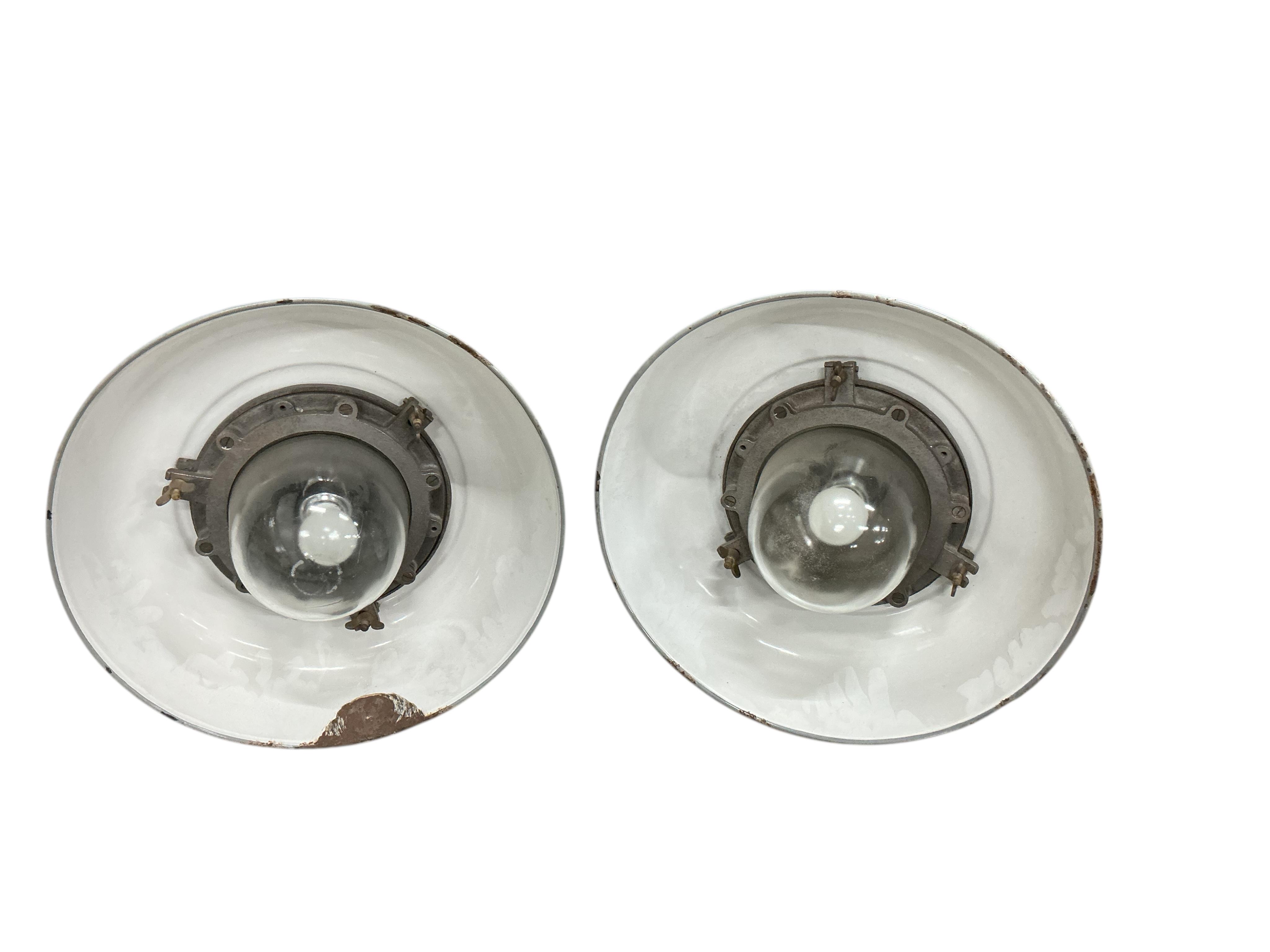 A pair of GEC grey enamel pendant ceiling lights, diameter 45cm, height 46cm